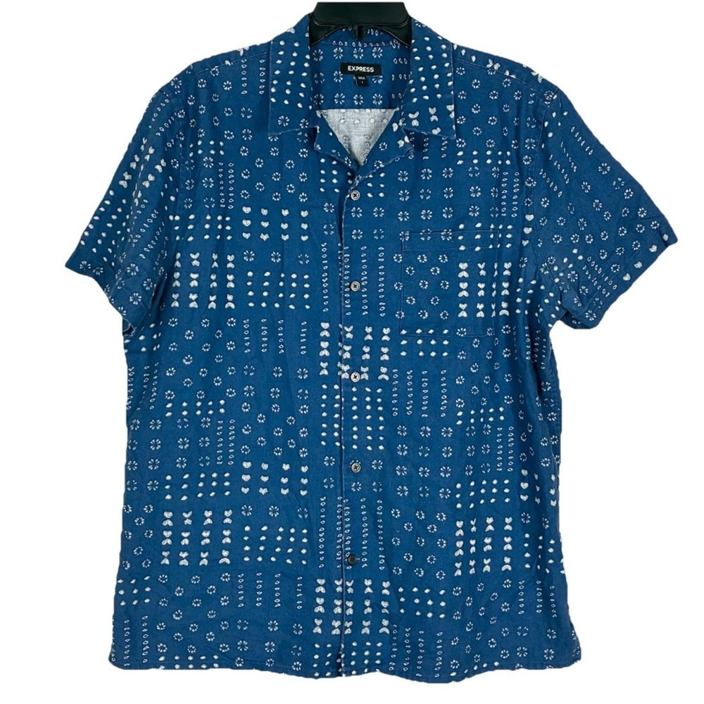 Express Linen Button Shirt L Camp Tropical Vacay Beach Boho Indie Coachella Folk